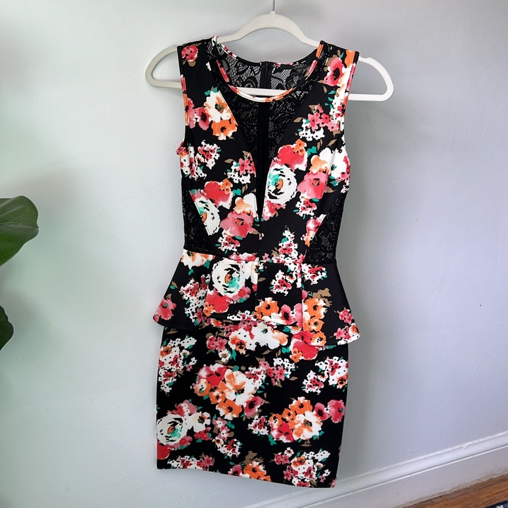 Guess Floral and Lace Peplum Dress